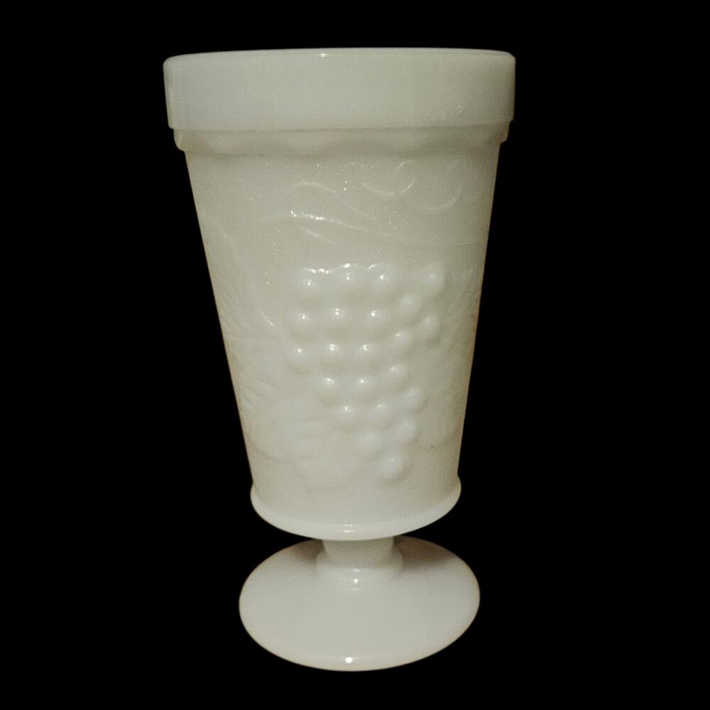 Vintage Set of 4 White Milk Glass Grape Pattern Pedestal Goblets 6" Tumblers